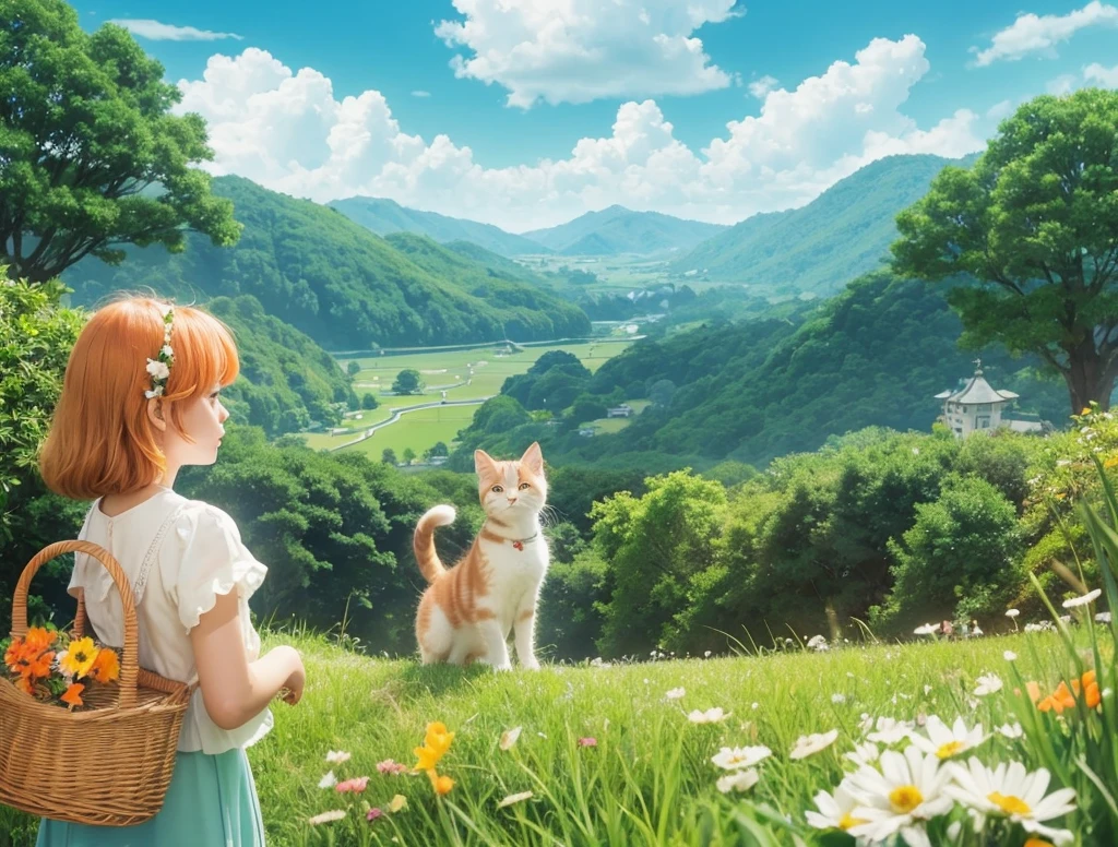 Image template 1: “Morning Departure”hayao miyazaki style. animation.
1. background: Clear blue sky and lush green grassland.
2. Main characters: orange and white kitten,
3. Props: Flower basket.
4. Environment details: Glittering dew on the grass and the soft morning sun.
5. color: Bright and refreshing tones.
hayao miyazaki style. animation.