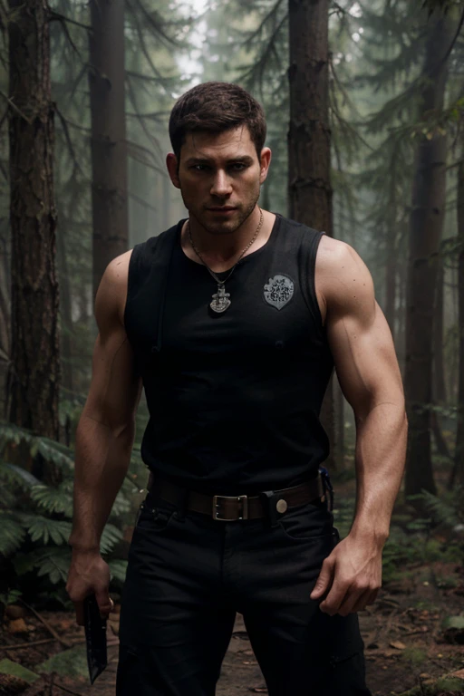Chris Redfield, Teen Wolf, military, 30 years old, black hair with a military cut, slim and muscular build, brown eyes, open black sleeveless military jacket, red short-sleeved t-shirt with sword print, black hunter belt , black jeans, black combat boots. , sword. necklace, forest background with fog