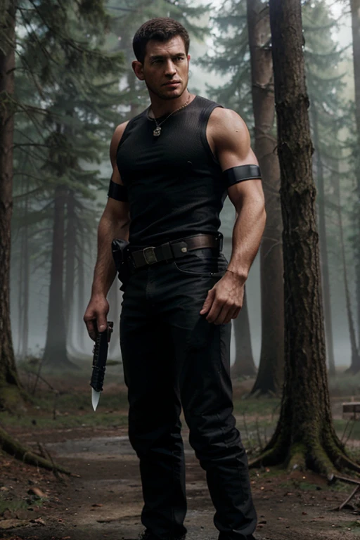 Chris Redfield, Wolf, military, 30 years old, black hair with a military cut, slim and muscular build, brown eyes, open black sleeveless military jacket, red short-sleeved t-shirt with sword print, black hunter belt , black jeans, black combat boots. , sword. necklace, forest background with fog
