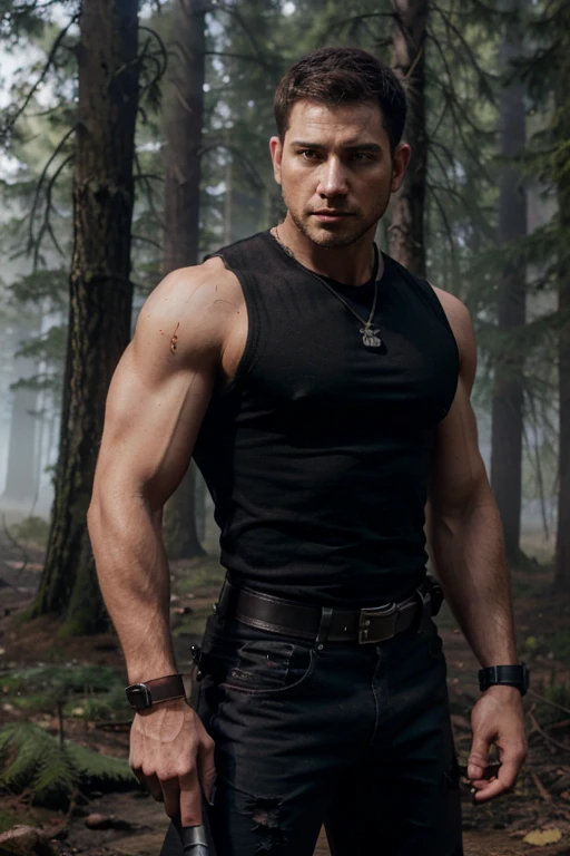 Chris Redfield, Wolf, military, 30 years old, black hair with a military cut, slim and muscular build, brown eyes, open black sleeveless military jacket, red short-sleeved t-shirt with sword print, black hunter belt , black jeans, black combat boots. , sword. necklace, forest background with fog
