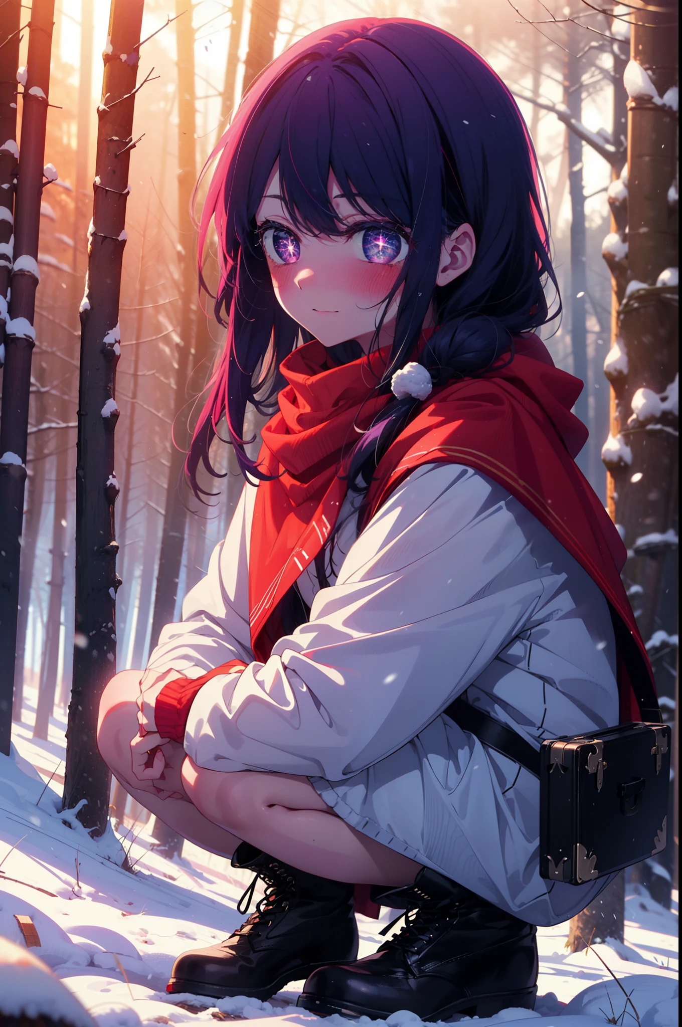 aihoshino, Ai Hoshino, Long Hair, bangs, (Purple eyes:1.1), Purple Hair, (Symbol-shaped pupil:1.5), smile,,smile,blush,white breath,
Open your mouth,snow,Ground bonfire, Outdoor, boots, snowing, From the side, wood, suitcase, Cape, Blurred, , forest, White handbag, nature, Squat, Mouth closed, Cape, winter, Written boundary depth, Black shoes, red Cape break looking at viewer, Upper Body, whole body, break Outdoor, forest, nature, break (masterpiece:1.2), Highest quality, High resolution, unity 8k wallpaper, (shape:0.8), (Beautiful and beautiful eyes:1.6), Highly detailed face, Perfect lighting, Highly detailed CG, (Perfect hands, Perfect Anatomy),