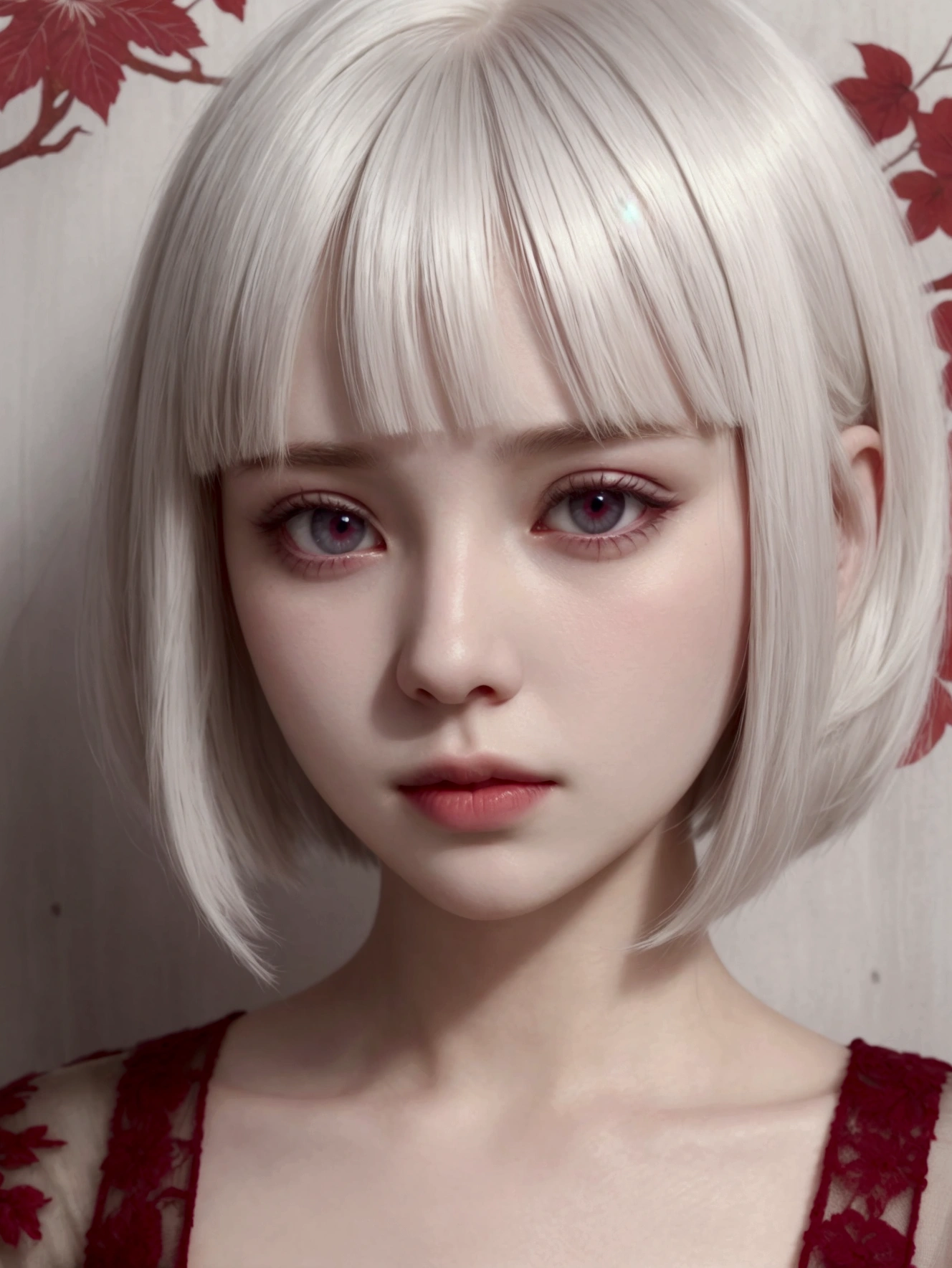 A pale girl with short white hair, She has side bangs and red eyes.