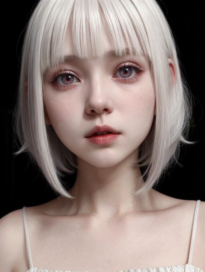 A pale girl with short white hair, She has side bangs and red eyes.