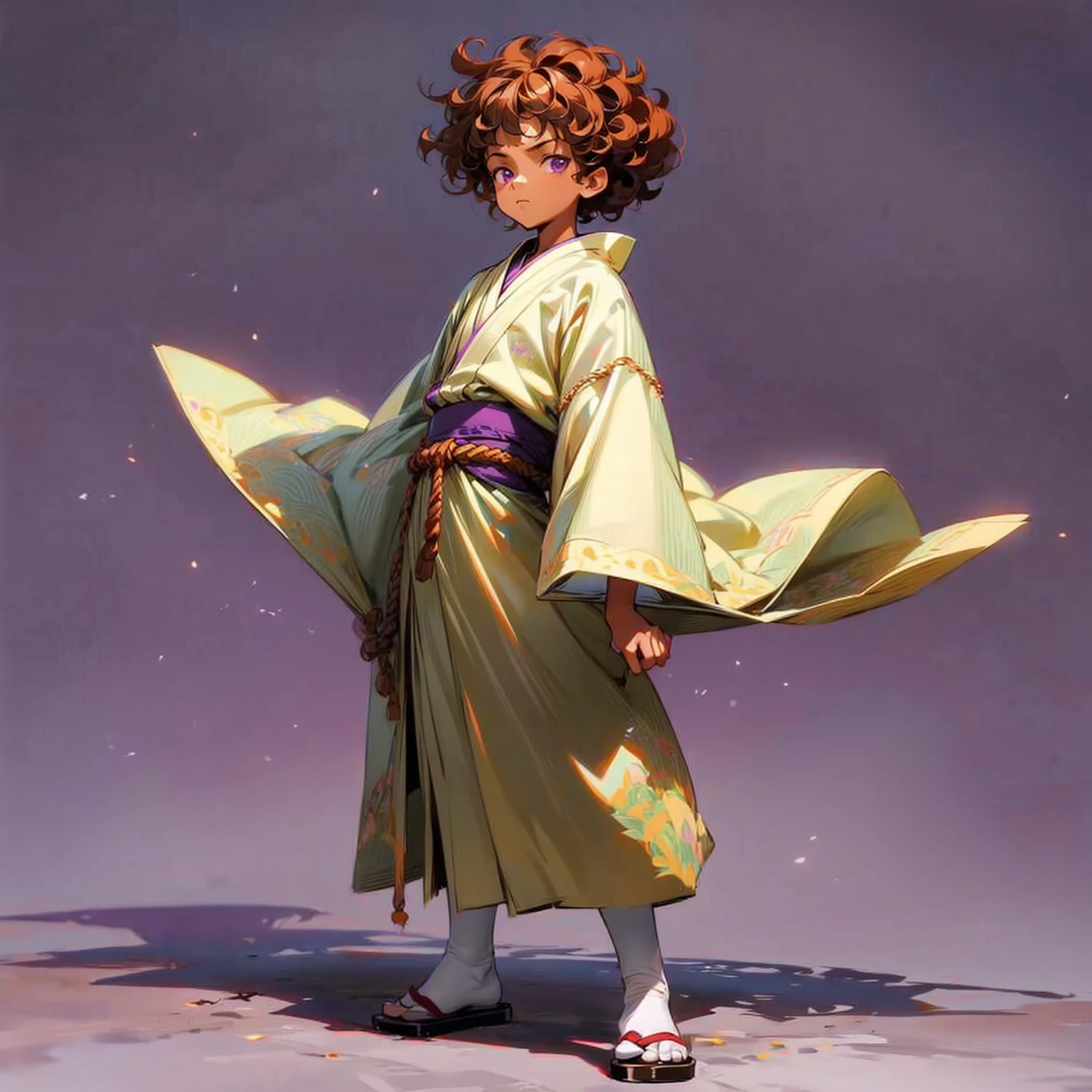 Solo character, full body version, ??? boy, tan skin, brown color hair, Curly hairstyle, purple eyes, Japanese tunic clothing, background is plain white, shadow, standing gesture, (one piece style art)