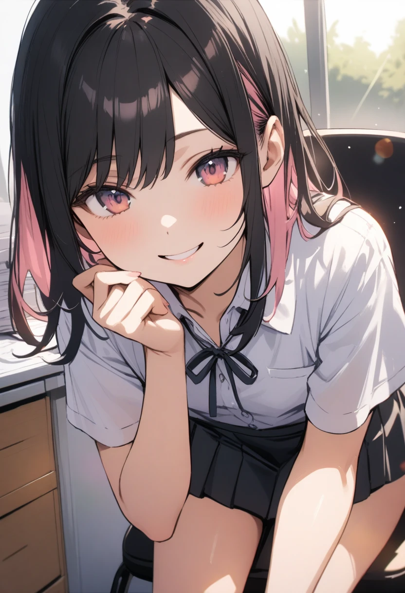 Very cute girl, ((Summer uniform office lady style))、(Black hair color、Light pink inner color hairstyle、Hair expressed with a delicate touch), Beautiful Hair, Facial Contour, Remember, office, splash, Lens flare、moonlight、illumination、Natural Color, High resolution, Very delicate, Very detailed, 8k、Shyness,((Sexual)),((A naughty feeling)),smile、Chest to face angle、View angle from knee height、Facing forward