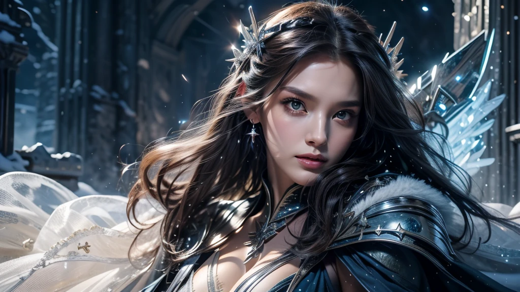 masterpiece, rest, best quality, Very detailed, Super real, 16K, high resolution, castle，snow, ((Starry Sky)),Female Mage，Gorgeous robe，Complex Mode，Pretty Face，Closed mouth，dramatic，Half-length photo，Glowing scepter，Black Wings，Large Breasts