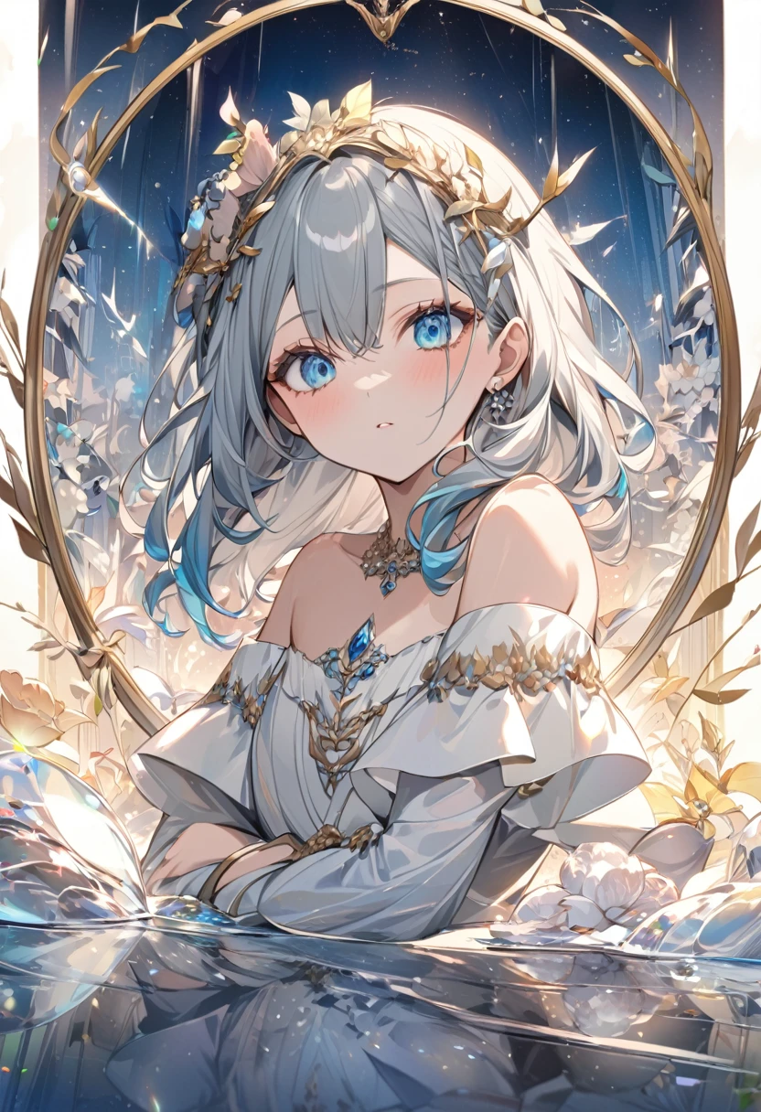 (chef-d&#39;œuvre:1.8), ((ultra qualité)), ((très belle illustration)), ((superbe cg)), (Anatomie parfaite:1.2), membre et main et doigt et bras, mains doigt, 
1 fille seulement, de face, ((fille très belle et mignonne)), ((Fille de 18 ans)), ((cheveux colorés argent), (Cheveux très longs), claquer, tresser, yeux bleus bijoux fins et détaillés, petit libérien, ((Révérence)), (crevasse couverte), (clavicule), bijoux, des boucles d&#39;oreilles, lèvres entrouvertes, ((robe blanche bordée de dentelle:1.8)), ((robe blanche à finitions dorées)), ((robe dos nu:1.6)), (Voir à travers), nombril couvert, peaudentation, ((Broderie argentée)), ((Broderie argentée sur l&#39;ourlet)), ((broderie florale)),
(meilleure ombre:1.3),
(ombre douce:1.1),
(belle ombre:1.3),
(beau reflet:1.3),
(Lumière prismatique),
(lumière étincelante),
(Belle lumière),
(lumière fantastique),
(réflexion prismatique),
(Réflexion douce:1.3),
(réflexion naturelle:1.2),