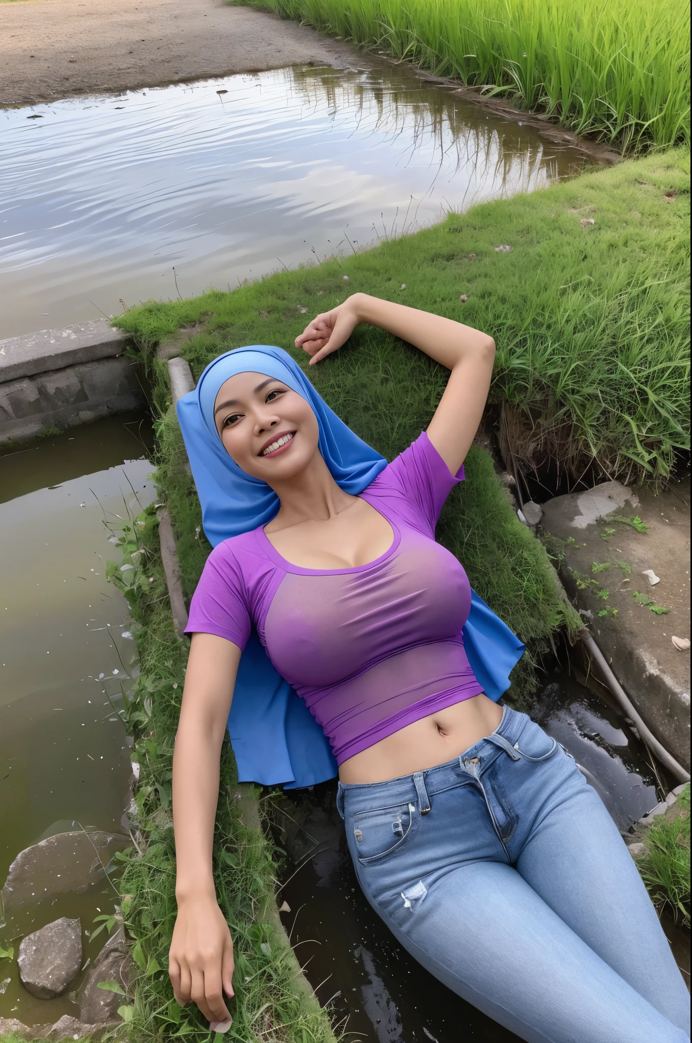 ((46 years old, Indonesian Mature woman, mature age woman, Hijab, Wearing Tight See-Through Short-Sleeve T-shirt))), ((Beauty Rural Woman)), ((Natural Gigantic Saggy Breast : 1.4)), casual Pose, Smiling face, Professional Photoghraphy, work By Master Of Photoghraphy, (((At Rice Field))), (((Laying at irrigation canal))), ((Showing her belly)), realistic Light, Deep photo, Full body shot, 32K Best Quality photo, Ultra-high reallistic Photos.