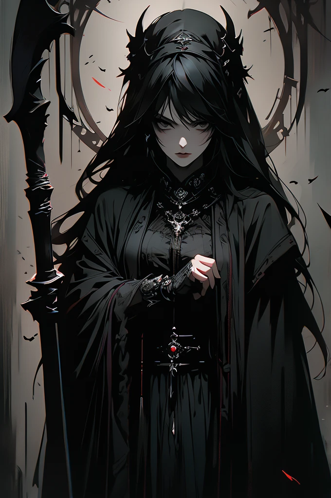 masterpiece,best quality,ultra-detailed,2girl,solo,crow,upper body,dark style,black hair,black clothes,standing,horror theme, holding a scythe in her hands