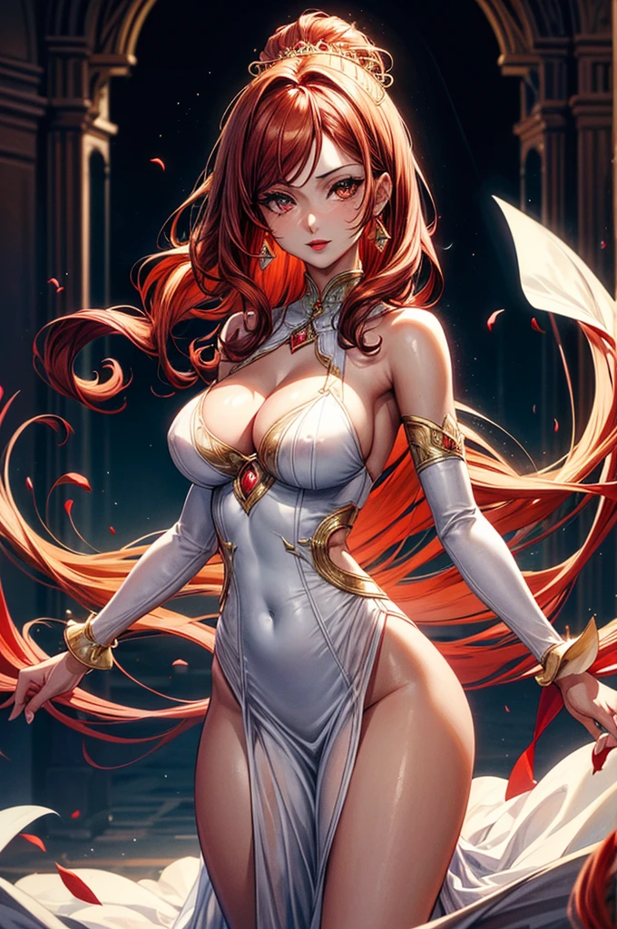 highest quality, ultra high resolution, super detailed, gorgeous, masterpiece, best quality, high resolution finely detailed, extremely beautiful, distinct image, glistening caramel brown skin, piercing golden eyes, curly fiery red hair, slender alluring older woman, 40 years old, elegant long empress dress, (((MILF))), 1 woman, solo, sharp facial features, empress like aura and majesty, symmetrical shaped face, fiery red lips, medium height(174cm), slender and thick, toned body type, Gothic modern city setting