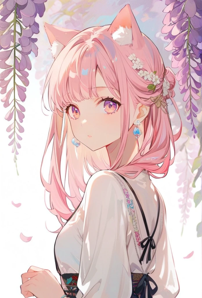 1 Girl, Solitary, Cute girl with pink hair, Pink Eyes, Wisteria flowers background, Soft natural light, Cat ears, Sleeveless white shirt