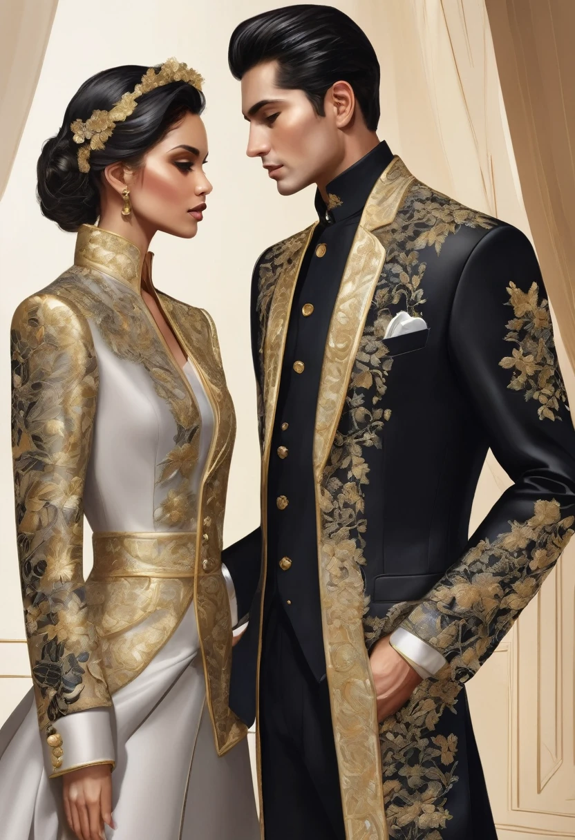 Create a highly detailed image of an elegant couple's attire inspired by high fashion and vintage design sketches.
Man's Outfit:
Jacket: A black, long, high-collared jacket with an asymmetrical front opening.
Embroidery: Intricate gold embroidery featuring floral and vine patterns that adorn the front, sleeves, and collar of the jacket. The embroidery should be highly detailed and luxurious.
Buttons: Gold buttons running down the front.
Cuffs: Elegant designs on the cuffs