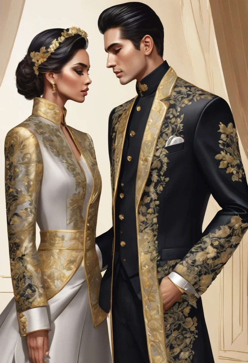 Create a highly detailed image of an elegant couple's attire inspired by high fashion and vintage design sketches.
Man's Outfit:
Jacket: A black, long, high-collared jacket with an asymmetrical front opening.
Embroidery: Intricate gold embroidery featuring floral and vine patterns that adorn the front, sleeves, and collar of the jacket. The embroidery should be highly detailed and luxurious.
Buttons: Gold buttons running down the front.
Cuffs: Elegant designs on the cuffs