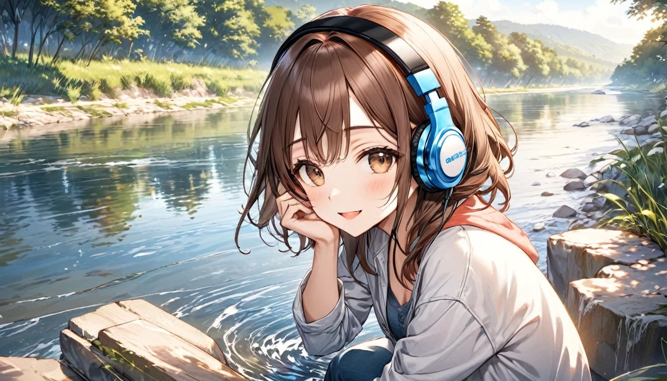 Brown-haired girl wearing headphones、Riverside - Very detailed、masterpiece, Highest quality, Bright - with the sound of a babbling river in the background、Relaxed facial expression、Casual clothing、sitting by the river and dipping his hands in the water
