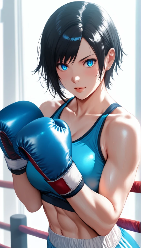 (hews art style:0.7), score_9, score_8_up, score_7_up, score_6_up, score_5_up, score_4_up, 1 girl, 23 years old, long black hair, handsome face, toned, sports bra, boxing gloves, boxing stance, high quality, masterpieceBREAK (masterpiece:1.2), best quality, high resolution, (illustration:0.8), (detailed eyes:1.3), perfect lighting, (perfect hands, perfect anatomy)