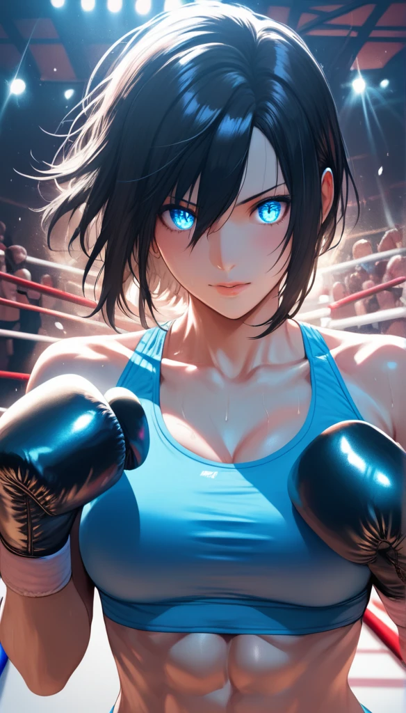 (hews art style:0.7), score_9, score_8_up, score_7_up, score_6_up, score_5_up, score_4_up, 1 girl, 23 years old, long black hair, handsome face, toned, sports bra, boxing gloves, boxing stance, high quality, masterpieceBREAK (masterpiece:1.2), best quality, high resolution, (illustration:0.8), (detailed eyes:1.3), perfect lighting, (perfect hands, perfect anatomy)