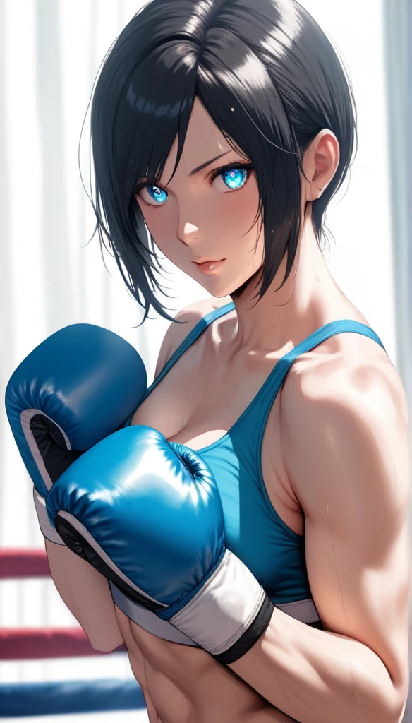 (hews art style:0.7), score_9, score_8_up, score_7_up, score_6_up, score_5_up, score_4_up, 1 girl, 23 years old, long black hair, handsome face, toned, sports bra, boxing gloves, boxing stance, high quality, masterpieceBREAK (masterpiece:1.2), best quality, high resolution, (illustration:0.8), (detailed eyes:1.3), perfect lighting, (perfect hands, perfect anatomy) 