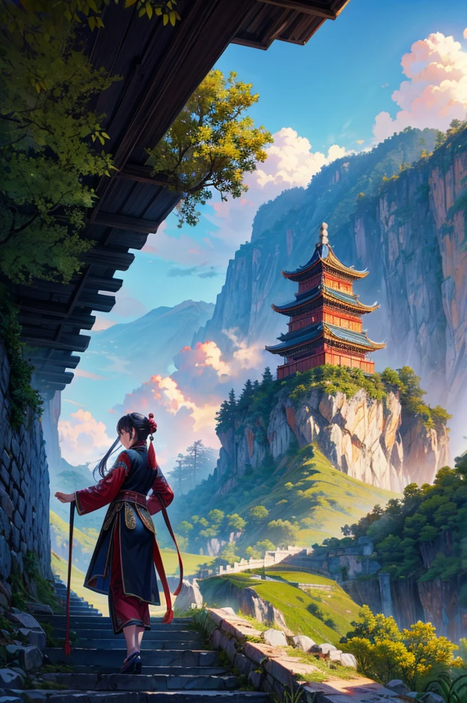 Ancient Chinese scenery, mountains, rivers, auspicious clouds, sunshine, masterpieces, super detail, epic composition, ultra HD, high quality, extremely detailed, official art, unified 8k wallpaper, Super detail, 32k -- v 6