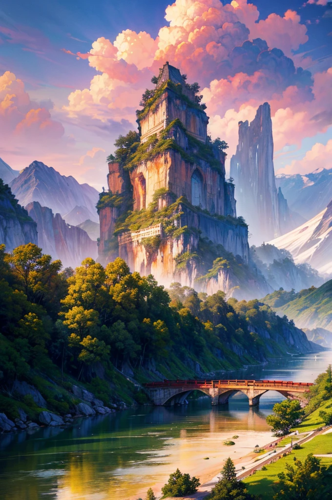 Ancient Chinese scenery, mountains, rivers, auspicious clouds, sunshine, masterpieces, super detail, epic composition, ultra HD, high quality, extremely detailed, official art, unified 8k wallpaper, Super detail, 32k -- v 6