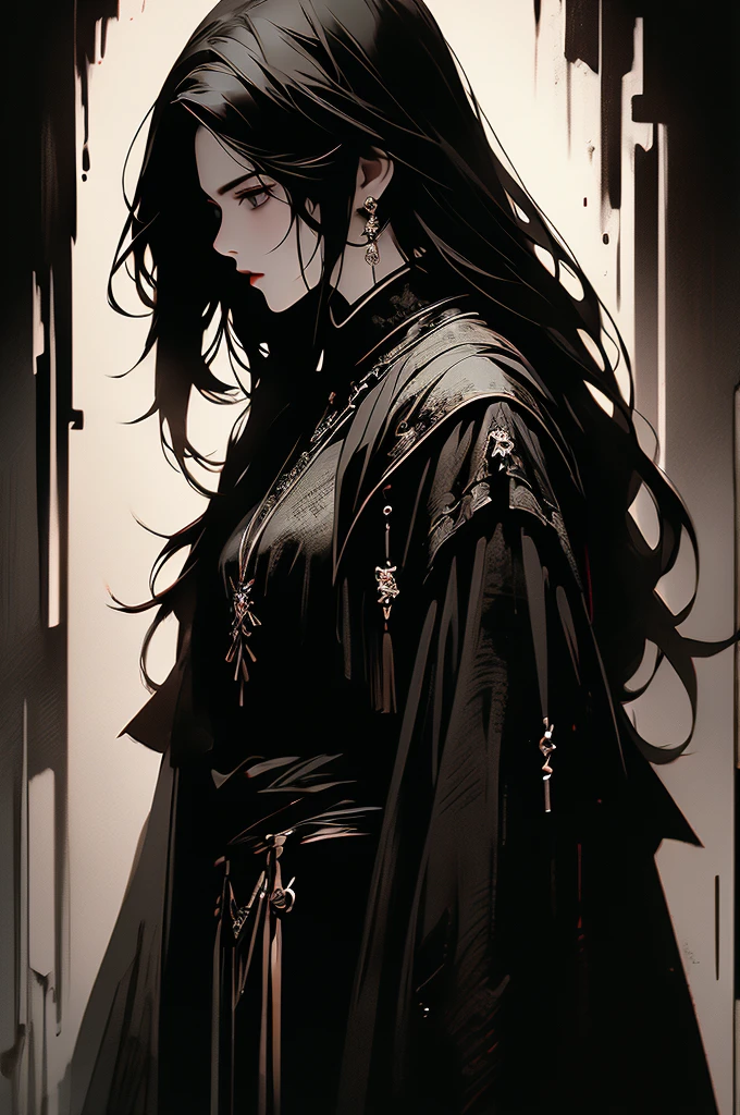 masterpiece,best quality,ultra-detailed,2girl,solo,crow,upper body,dark style,black hair,black clothes,standing,horror theme, black background