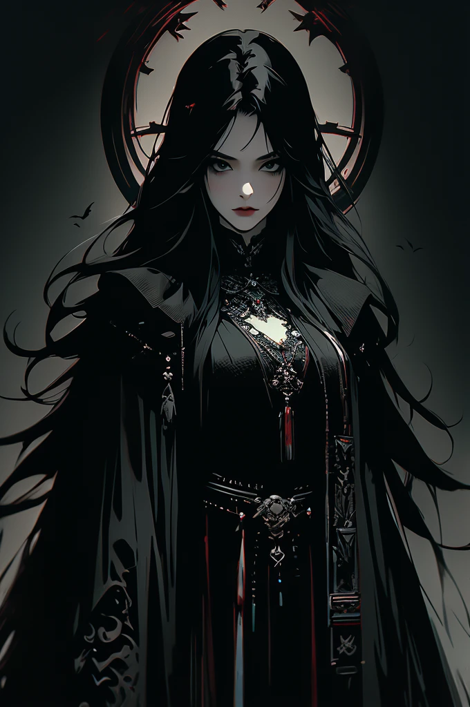 masterpiece,best quality,ultra-detailed,2girl,solo,crow,upper body,dark style,black hair,black clothes,standing,horror theme, black background
