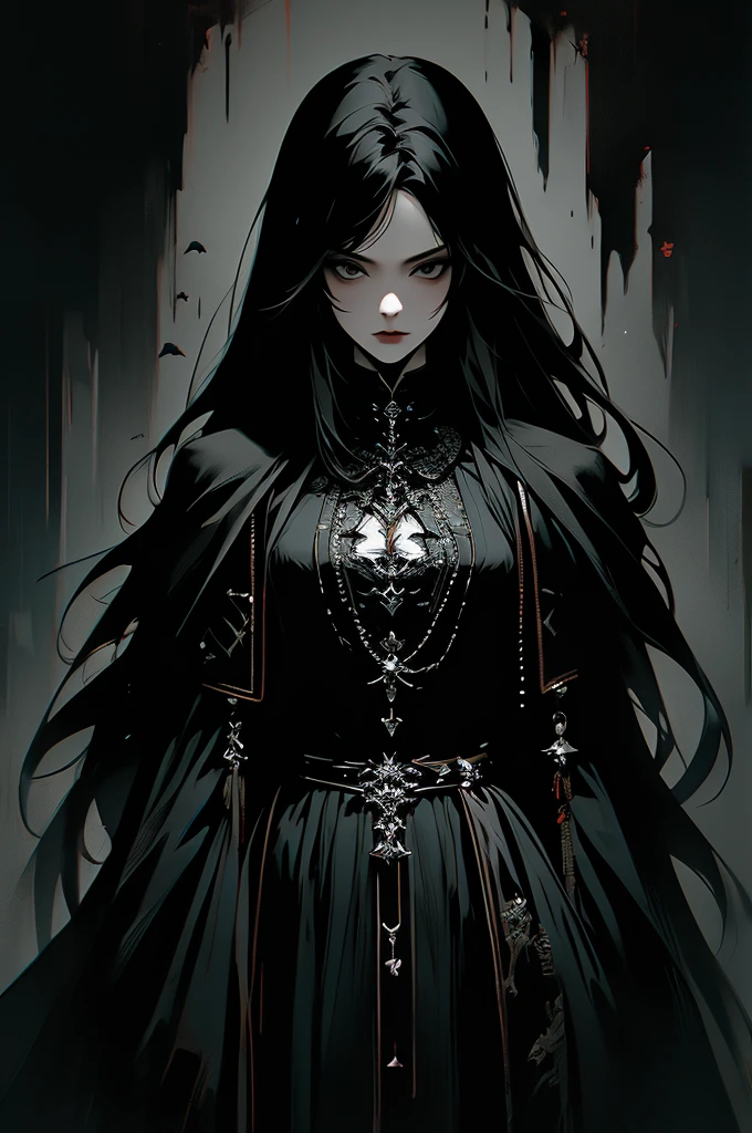 masterpiece,best quality,ultra-detailed,2girl,solo,crow,upper body,dark style,black hair,black clothes,standing,horror theme, black background