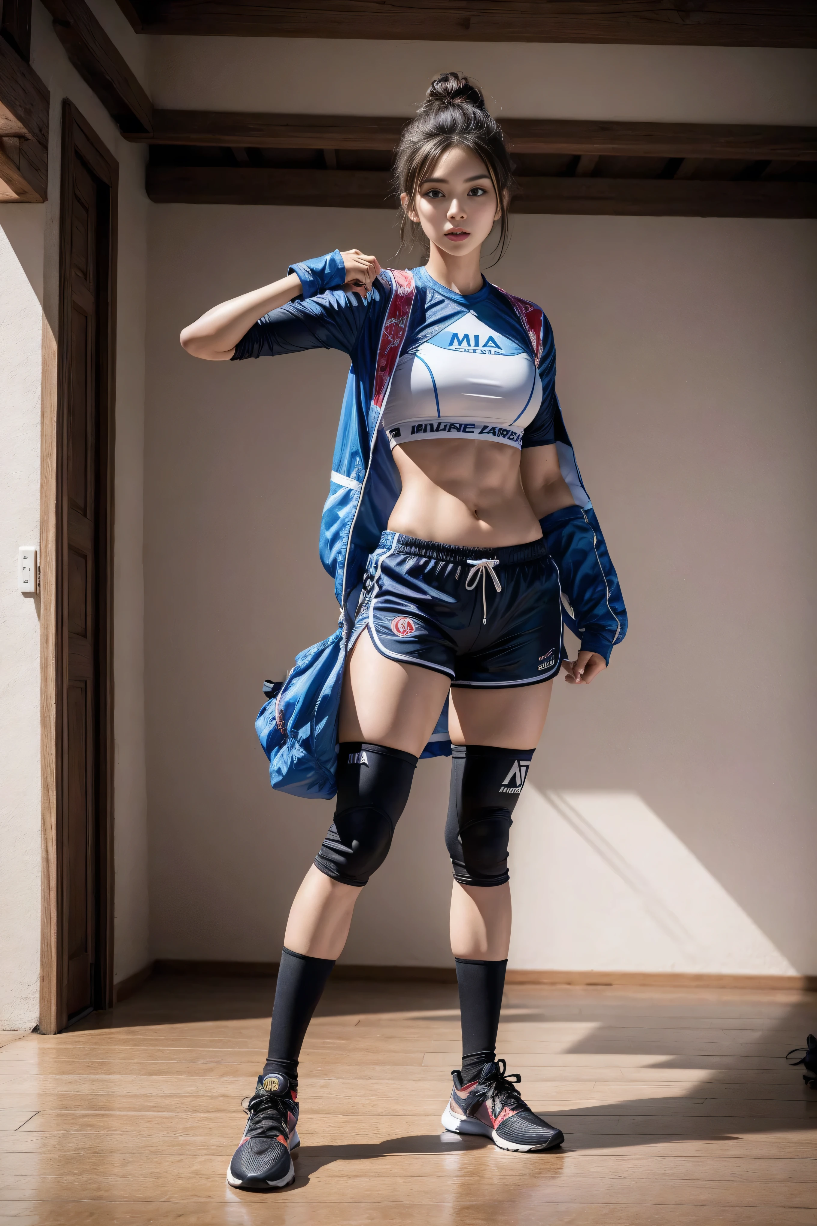 Arav woman in diving suit posing on wooden floor, Bras and shorts streetwear, Sports Fashion Photography, Sports and shorts, Hero Muay Thai Stance, mma left-handed stance, shorts, Sports and shirts, Mina Petrovich, mandy jurgens 8 k 1 5 0 mpx, short and small, Victoria Gavrilenko