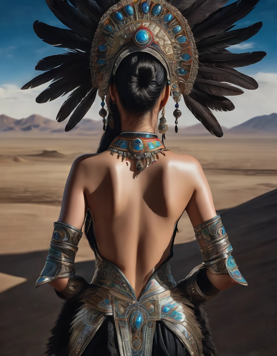 full body view from behind, oil painting style, spaceship interior, beautiful busty nude Mongolian woman, black feather headdress, detailed face, detailed eyes, detailed lips, extremely detailed, intricate details, cinematic lighting, dramatic shadows, vivid colors, photorealistic, 8k, high quality, masterpiece, digital art