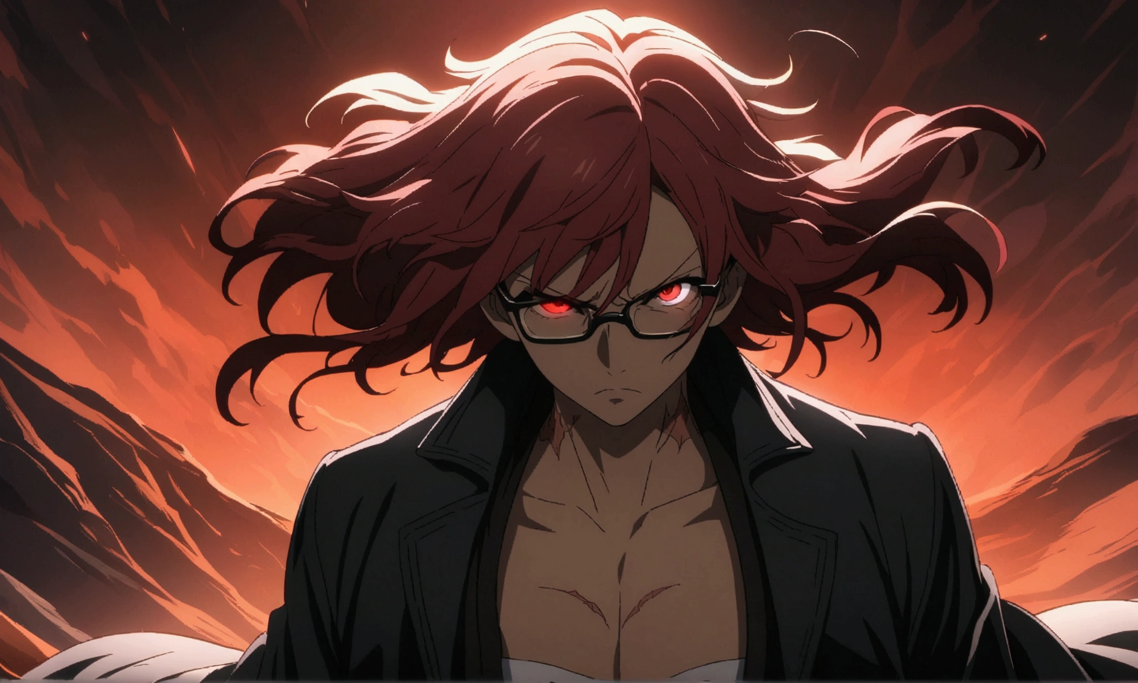 Man, red eye, long dark red hair, cut scar on neck, dark blue closed clothing, black overcoat, prescription glasses, serious expression, "Anime character design inspired by One Piece, full of dramatic and impressive lighting, focus on the centralized character, impressive face, full of creative details, ultra-fine 4K design, scenery bathed in creativity, boasting 2D anime resolution clarity, HD anime graphics, high-octane rendering"