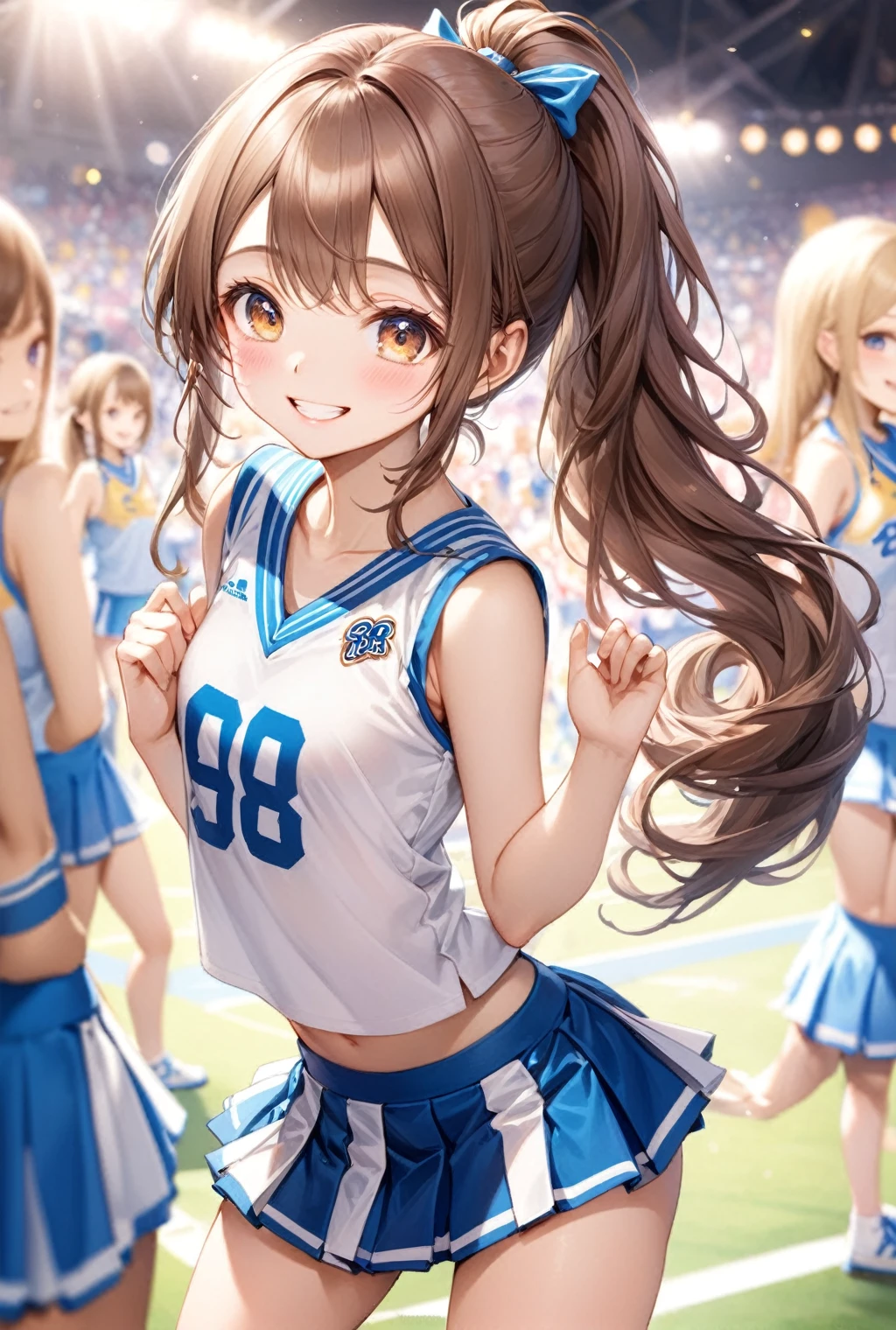 Two Asian women in cheergirls, hair color is brown and long hair, wearing a peace sign, beautiful fingers, same costume, cheering in the basketball stadium, good friends, hairstyle is as shown in the photo, two people are standing side by side, both smiling, the costume with a total of two bonbons is as shown in the photo, shiny silver, Costume 🚿🗝📝 🔞🤡 with blue lines on shiny silver 2263539546], ;🌞🌄, Hololive,, 🪔 🎨 ❤🔥🍄🌪 8k))