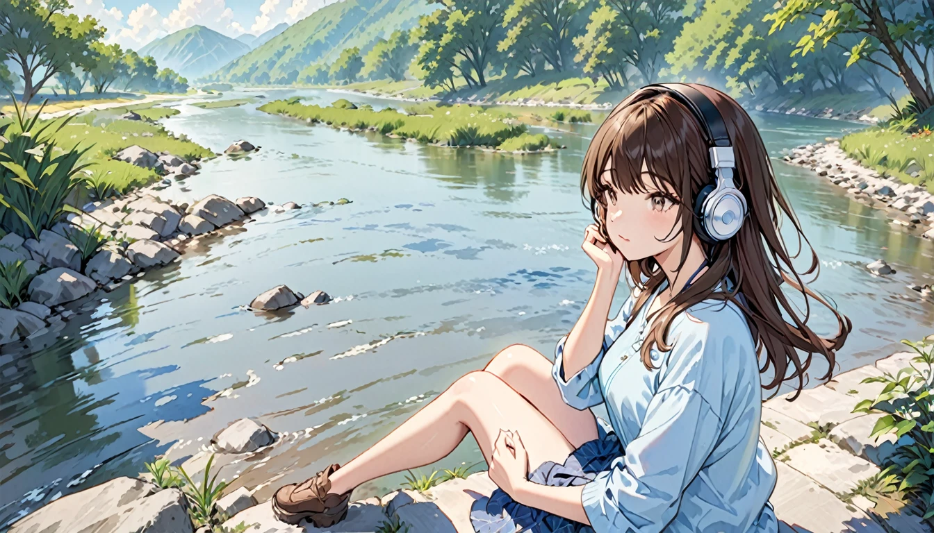 Brown-haired girl wearing headphones、Riverside - Very detailed、masterpiece, Highest quality, Bright - with the sound of a babbling river in the background、Relaxed facial expression、Casual clothing、sitting by the river and dipping his hands in the water
