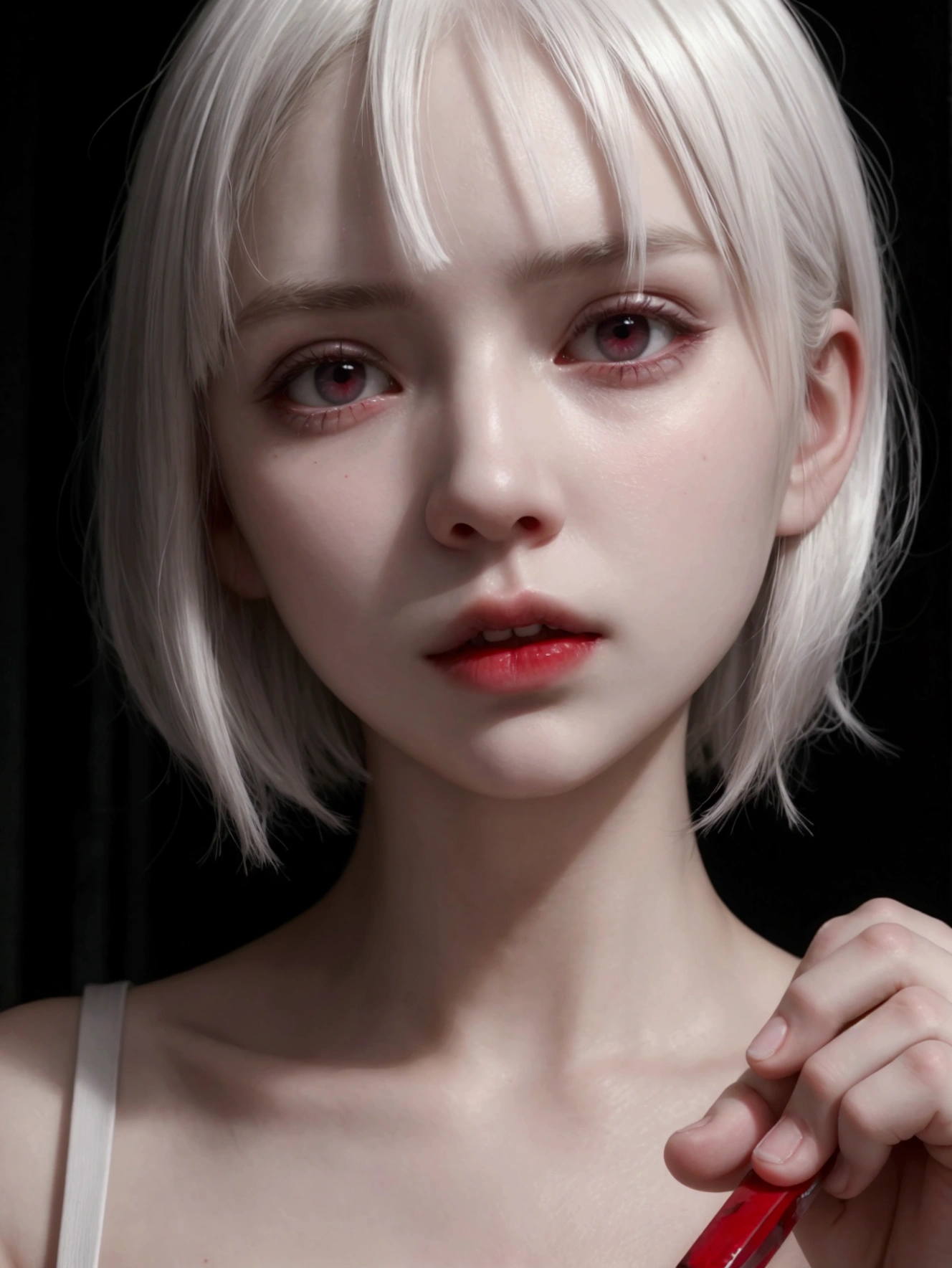 A pale girl with short white hair and red eyes, She has a knife in her hand 