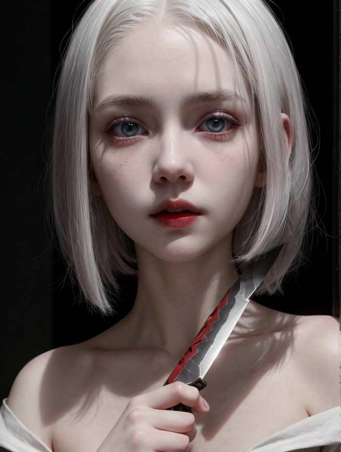A pale girl with short white hair and red eyes, She has a knife in her hand