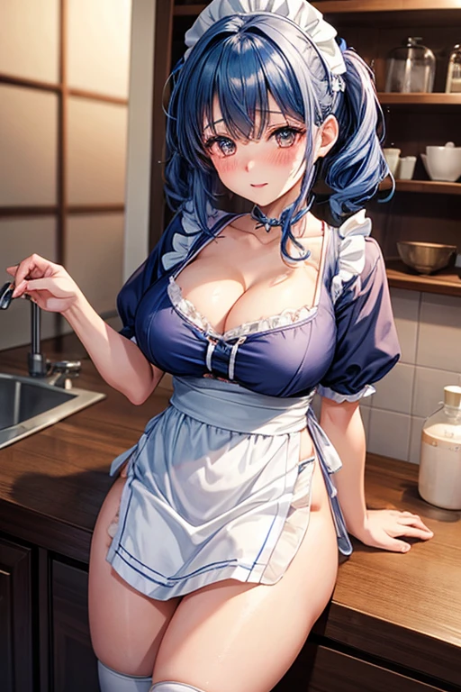1 girl, Solo, ichika nakano, blue hair, (white apron), big breasts, cleavage, thighs, brown background, (blush:1.2)