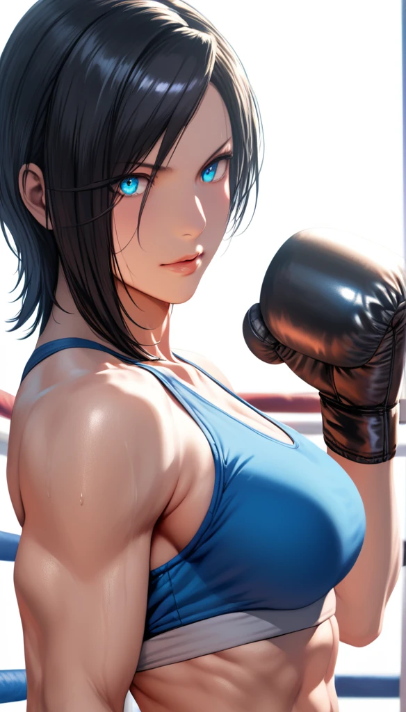 (hews art style:0.7), score_9, score_8_up, score_7_up, score_6_up, score_5_up, score_4_up, 1 girl, 23 years old, long black hair, handsome face, toned, sports bra, boxing gloves, boxing stance, high quality, masterpieceBREAK (masterpiece:1.2), best quality, high resolution, (illustration:0.8), (detailed eyes:1.3), perfect lighting, (perfect hands, perfect anatomy)