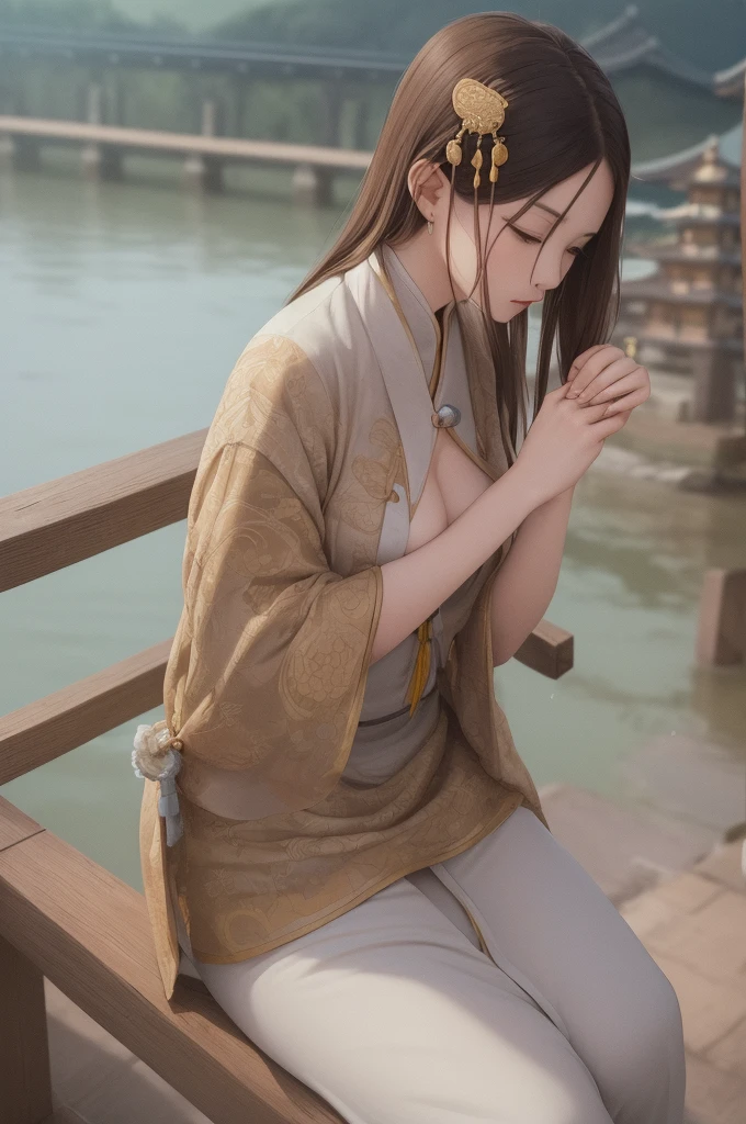 upper body, oil painting, masterpiece, best quality, highres, long brown hair, jewelry hairpin, large breast,riverside and rock or temple or bridge, extremely clothes, sitting, (song Dynasty, song clothing:1.2),