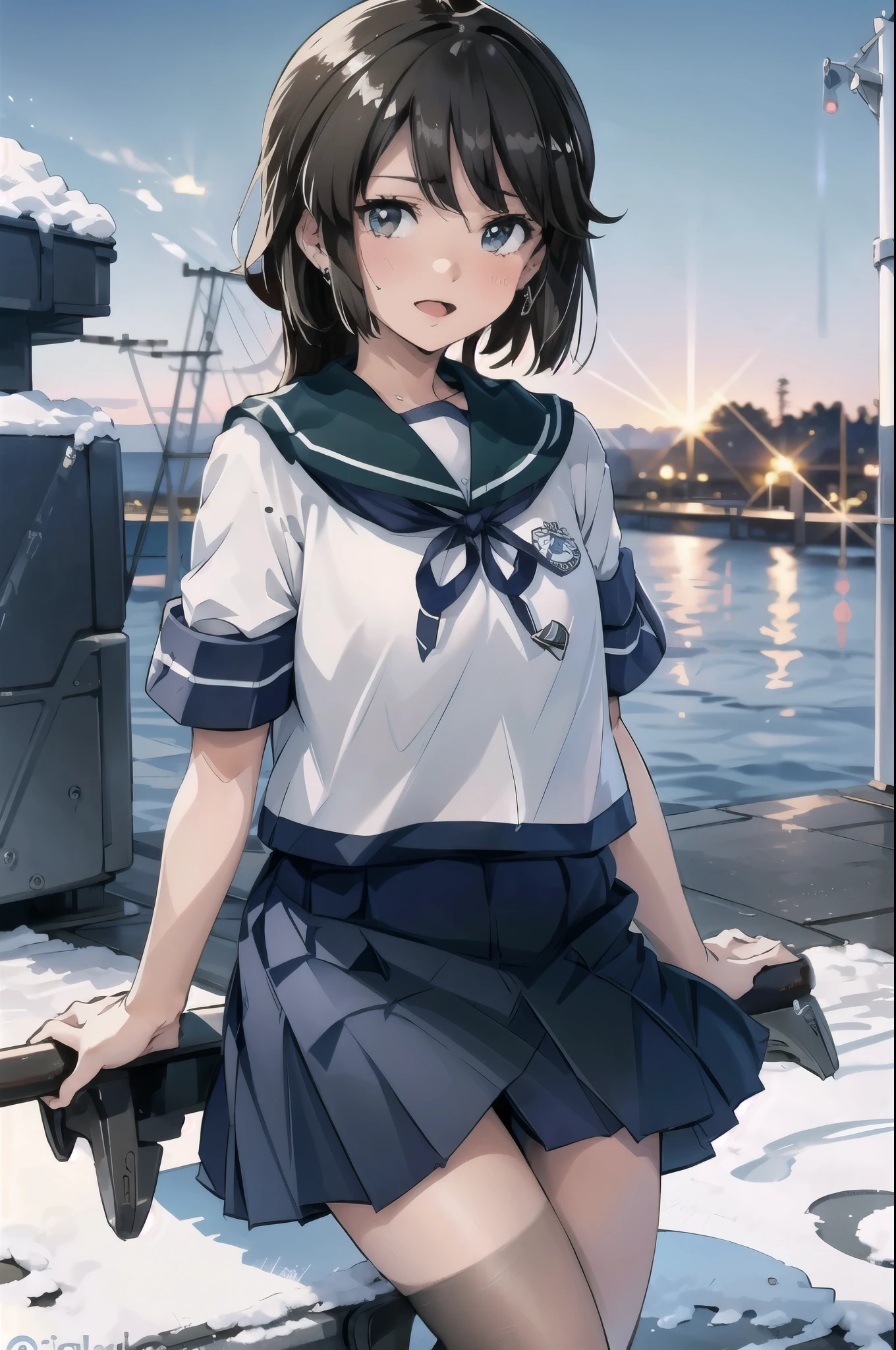 Deep Snow KC, Isonami Uniform, One girl, Solo White Seravuk, , Short sleeve, skirt, blue skirt, Twin Blade, Blue sailor collar, View your viewers,    port, port