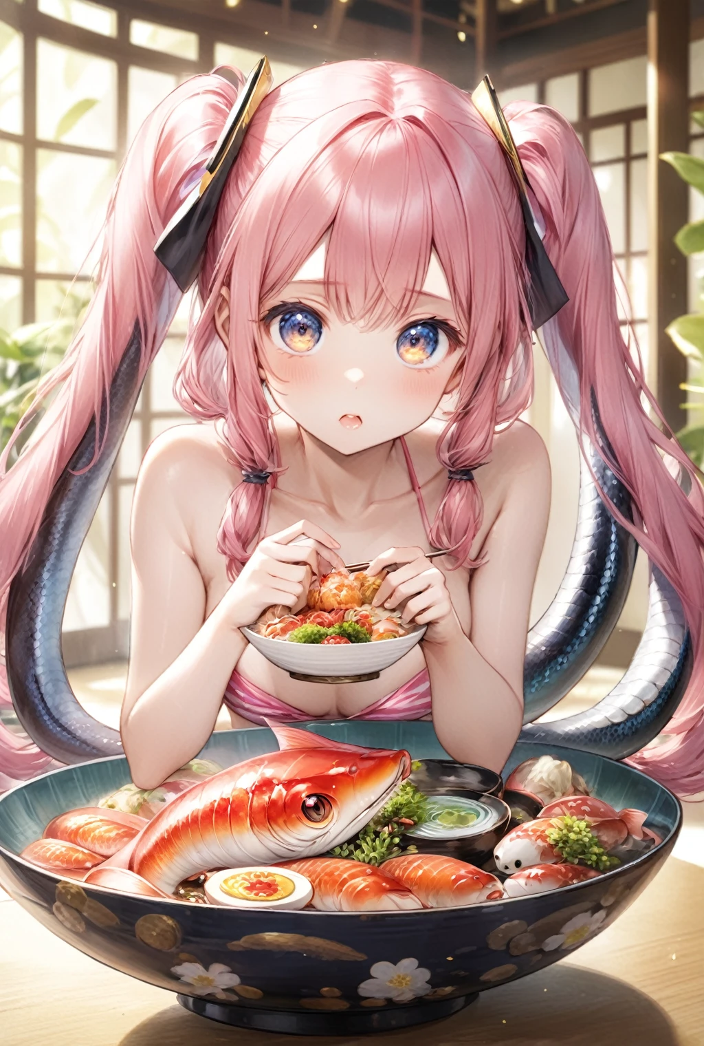 (Highest quality, 8k, 32K, masterpiece, Ultra-high resolution,:1.2),born, One girl,Super cute , Natural light,透明にShining Eyes, 20-year-old ,Fair skin, Girl with pink hair, Wearing a swimsuit, Sexy pose,Fantasy Background, clear, Shining Eyes, Eel bowl, Unadon, Japanese food, Eating unaju, Twin tails