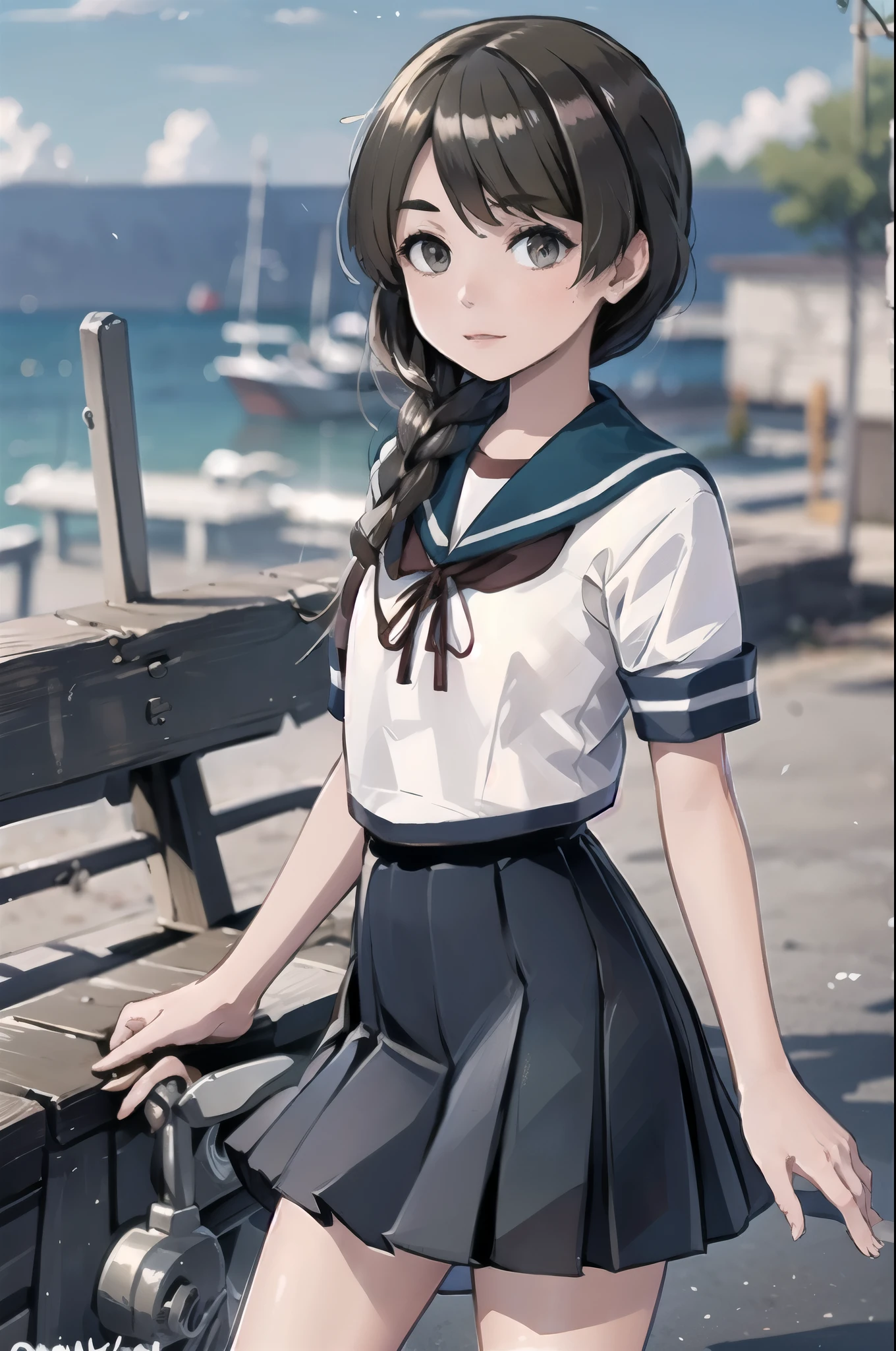 One girl, Solo White Seravuk, , Short sleeve, skirt, blue skirt, Twin Blade, Blue sailor collar, View your viewers, port, port