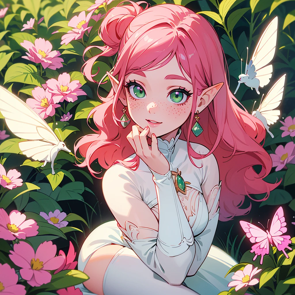 ((highest quallity)), ((work of art)), (detailded), （(face perfect)), portrait of a girl with skin as clear as milk, green eyes and large eyelashes, pink lips, cheeks, (long and wavy pinkish-red hair), (Francis on the test), (freckles on the skin), feminine and curvy body, (breasts big), (elf ears), (delicate and feminine dress with pink colors, green and white). (large white delicate fairy wings, bright and sparkling). the setting is a flowery, colorful and sunny garden, butterflies around her. she is looking at the camera, She has a docile and happy expression, glare eyes, and has a beautiful smile on her lips, as cheeks estão coradas, She's sitting on the grass. with his hand on his cheek