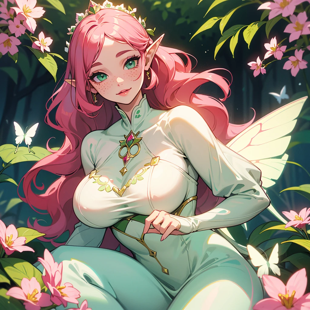 ((highest quallity)), ((work of art)), (detailded), ((face perfect)), portrait of a girl with skin as clear as milk, green eyes and large eyelashes, pink lips, cheeks, (long and wavy pinkish-red hair), (Francis on the test), (freckles on the skin), feminine and curvy body, (breasts big), (elf ears), (delicate and feminine dress with pink colors, green and white). (large white delicate fairy wings, bright and sparkling). the setting is a flowery, colorful and sunny garden, butterflies around her. she is looking at the camera, She has a docile and happy expression, glare eyes, and has a beautiful smile on her lips, as cheeks estão coradas, She's sitting on the grass. with his hand on his cheek