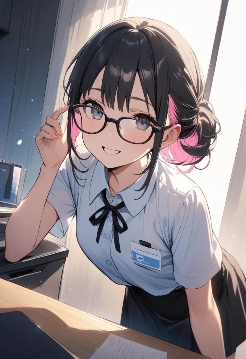 Very cute 15 year old girl, ((Summer uniform office lady style、Fashionable glasses))、(Black hair color、Light pink inner color hairstyle、Hair expressed with a delicate touch), Beautiful Hair, Facial Contour, Remember, office, splash, Lens flare、moonlight、illumination、Natural Color, High resolution, Very delicate, Very detailed, 8k、Shyness,((Sexual)),((A naughty feeling)),smile、Chest to face angle、View angle from knee height、Facing forward