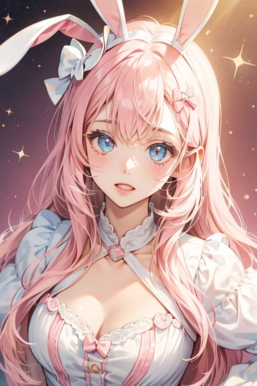 A light pink girl Num with cream that has pink sprinkles, bunny ears, and light pink bow. Her expression is excided. SPARKLE; GLITTER