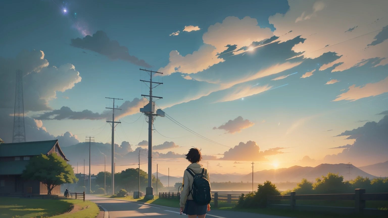 High quality masterpiece ，landscape，The Anime Trail is lined with fields，early morning， Shining starry sky。Modern China is idyllic，Pedestrians passing by in the distance，irritating，Concept Art，Lofi Art style，Reflective plate。 by makoto shinkai, Lofi Art, Beautiful anime scene, アニメのlandscape, 詳細なlandscape —幅672, In the style of Makoto Shinkai, Makoto Shinkai&#39;s Style，Detail enhancements。White Hair