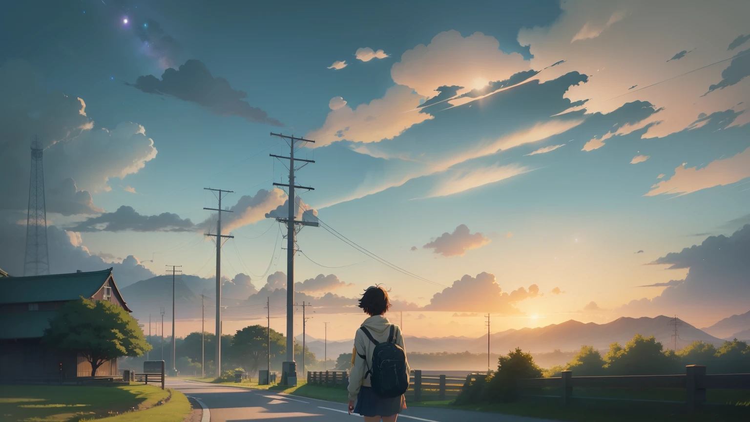 High quality masterpiece ,landscape,The Anime Trail is lined with fields,early morning, Shining starry sky。Modern China is idyllic,Pedestrians passing by in the distance,irritating,Concept Art,Lofi Art style,Reflective plate。 by makoto shinkai, Lofi Art, Beautiful anime scene, アニメのlandscape, 詳細なlandscape —幅672, In the style of Makoto Shinkai, Makoto Shinkai's Style,Detail enhancements。White Hair