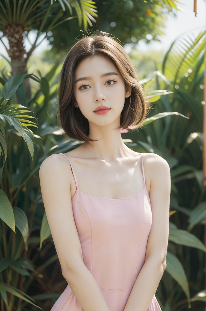 (((best quality))),(((ultra detailed))),(((masterpiece))),illustration,((1 beautiful girl,solo)),((slim,thin)),((small breasts,flat chest)),((summer afternoon)),(standing:1.3),(in cornfield:1.3), (hotpink dress:1.5), delicate,(medium straight bob hair:1.2), radiant smile, vibrant atmosphere, elegance, grace,fresh and cool, endless sea of green, towering stalks, densely packed, soothing melody, serene and peaceful, hustle and bustle,majesty, harmoniously, essence of summer, tranquility, relaxation, peacefulness of nature,((from front,upper body))