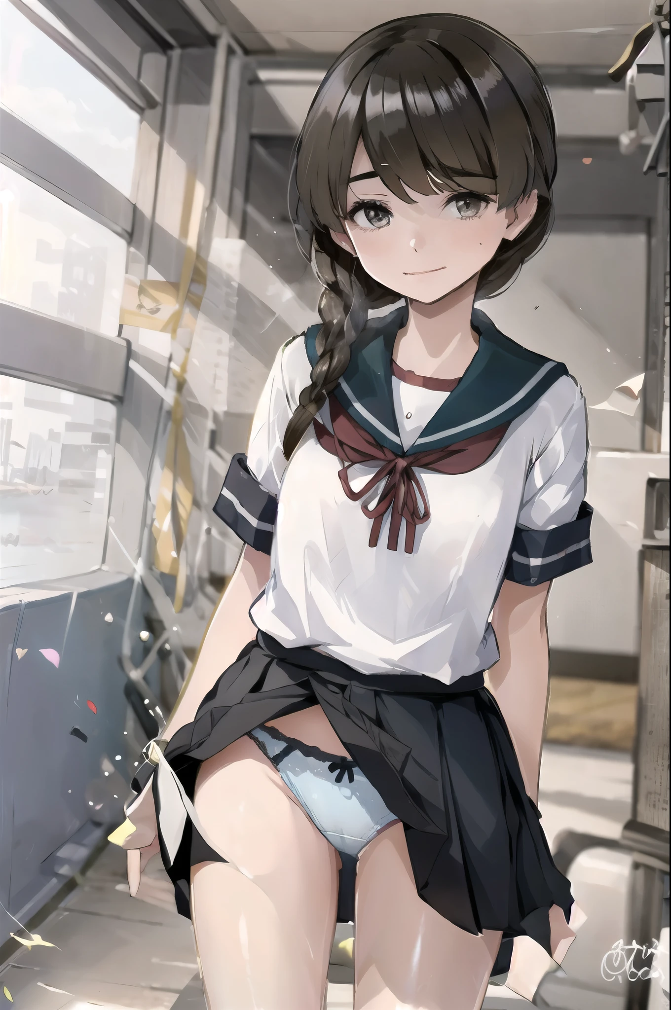 One girl, Solo White Seravuk, , Short sleeve, skirt, blue skirt, Twin Blade, Blue sailor collar, View your viewers, port, port ,((panties))