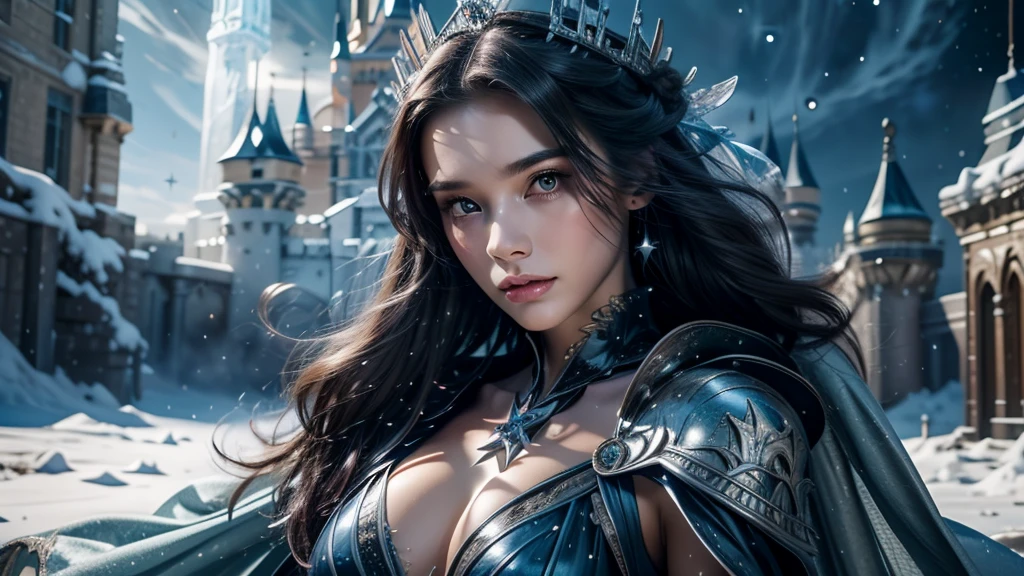 masterpiece, rest, best quality, Very detailed, Super real, 16K, high resolution, castle,snow, ((Starry Sky)),Female Mage,Gorgeous robe,Complex Mode,Pretty Face,Closed mouth,dramatic,Half-length photo,Glowing scepter,Black Wings,Large Breasts