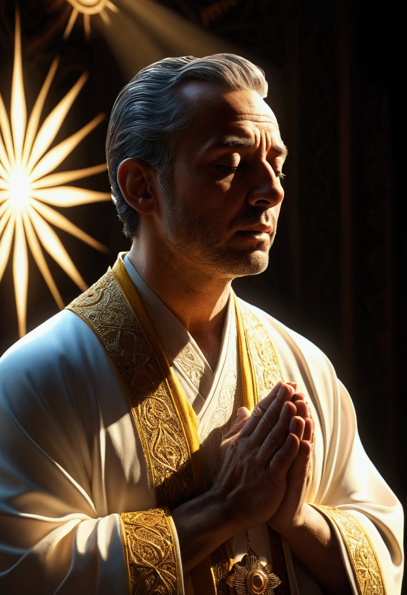 a man praying,a bright light like a sun rising in his chest,ultra realistic,cinematic,ultra detailed 8k,dramatic lighting,volumetric light rays,chiaroscuro lighting,dramatic shadows,photorealistic,intricate details,highly detailed face and hands,glowing energy emanating from chest,serene expression,religious iconography,ornate robes,divine light,spiritual awakening
