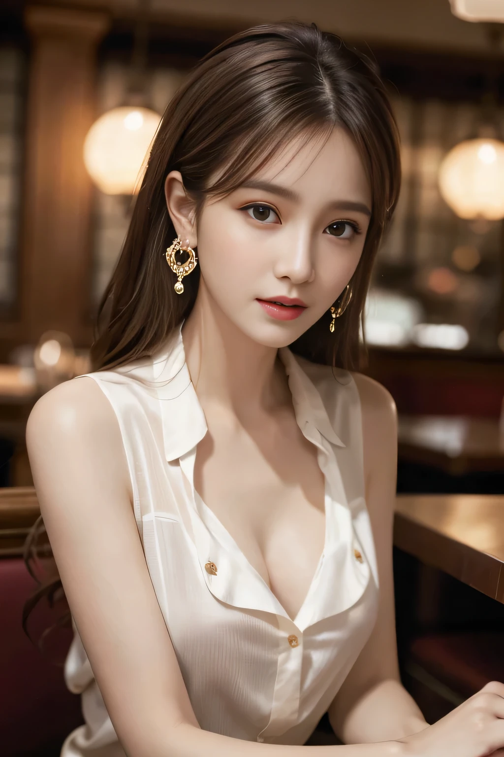 masterpiece, Highest quality, Realistic, Very detailed, Finer details, High resolution, 8k wallpaper, One beautiful woman, Wear a pretty colored silk shirt, In a great restaurant, At night, Light brown messy hair, Perfect dynamic composition, Beautiful and beautiful eyes、Big earrings、chest、Sleeveless shirt、